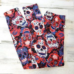 Candy Skull Women's Leggings Halloween Salmon Blue OSFM